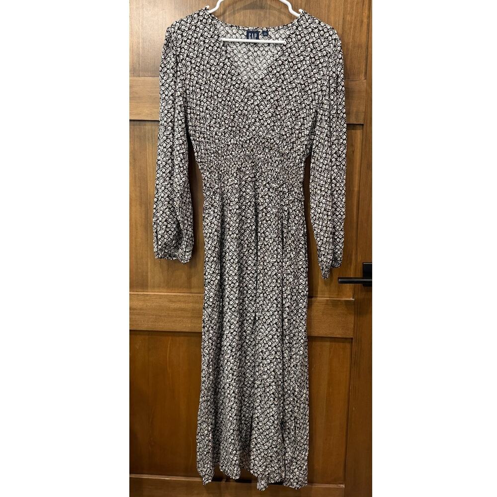 Gap Women Black White Ditsy Floral Smocked Waist V-Neck Long Sleeve Midi Dress L